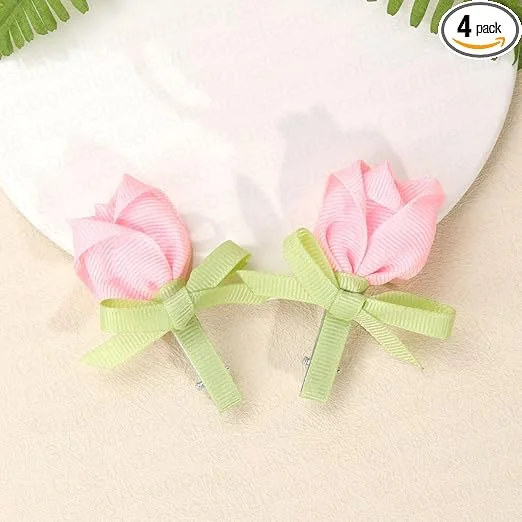 Cute Pink Ribbon Flower Hair Clips for Girls Double Bow Hairpins with Green Knot Ribbon Alligator Clips Toddler Baby Hair Accessories Floral Hair Bows Pair image 1
