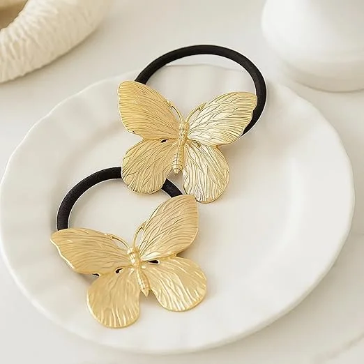 Butterfly Gold Metal Hair Tie for Women Elastic Hair Band Ponytail Holder Stylish Butterfly Hair Accessory Girls Hair Rubber Band Fashion Hair Tie India image 2