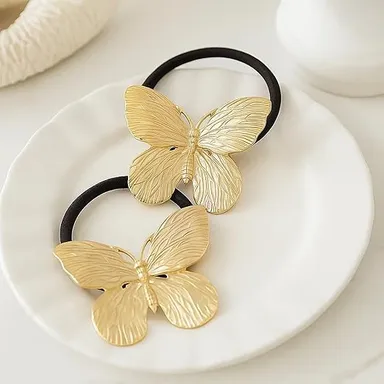 Butterfly Gold Metal Hair Tie for Women Elastic Hair Band Ponytail Holder Stylish Butterfly Hair Accessory Girls Hair Rubber Band Fashion Hair Tie India thumbnail 1