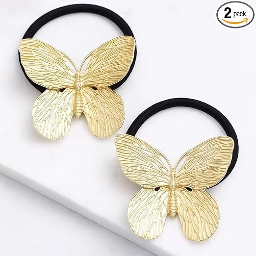 Butterfly Gold Metal Hair Tie for Women Elastic Hair Band Ponytail Holder Stylish Butterfly Hair Accessory Girls Hair Rubber Band Fashion Hair Tie India image 1