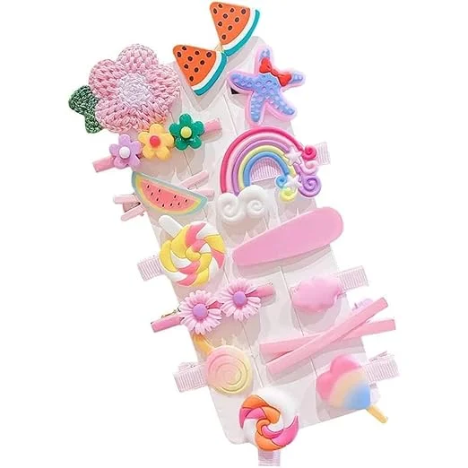 Girls Cute Cartoon Hair Clips Set for Kids Colourful Candy Watermelon Rainbow Flower Hairpins Collection Non Slip Hair Accessories for Baby Girls Toddlers School Hair Styling Clips Gift Pack image 1