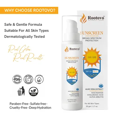 Rootovo SPF 50+ PA+++ Sunscreen Broad Spectrum UVA UVB Protection Face Sunscreen Cream with Aloe Vera Niacinamide Hyaluronic Acid Alpha Arbutin for All Skin Types 50g thumbnail 2