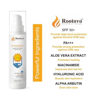 Rootovo SPF 50+ PA+++ Sunscreen Broad Spectrum UVA UVB Protection Face Sunscreen Cream with Aloe Vera Niacinamide Hyaluronic Acid Alpha Arbutin for All Skin Types 50g thumbnail 3