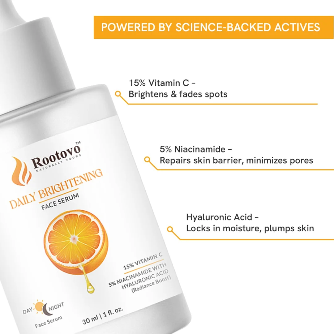 Rootovo Daily Brightening Face Serum 15% Vitamin C 5% Niacinamide Hyaluronic Acid Skin Brightening Serum for Dark Spots Pigmentation Hydrating Face Ser image 5