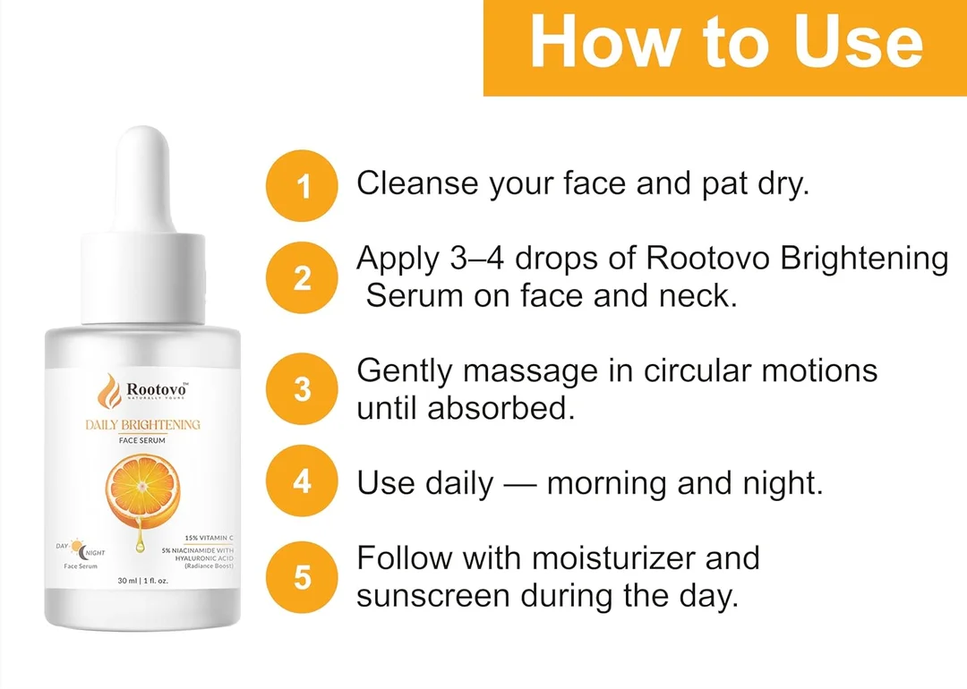 Rootovo Daily Brightening Face Serum 15% Vitamin C 5% Niacinamide Hyaluronic Acid Skin Brightening Serum for Dark Spots Pigmentation Hydrating Face Ser image 8