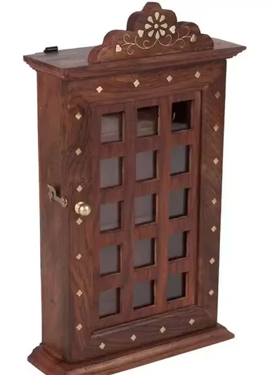 Handcrafted Wooden Key Holder Cabinet Wall Mounted Key Stand Box with Door 6 Hooks Decorative Key Storage Organizer for Home Office Entrance Temple Decor thumbnail 1