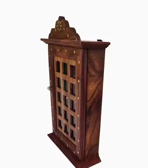 Handcrafted Wooden Key Holder Cabinet Wall Mounted Key Stand Box with Door 6 Hooks Decorative Key Storage Organizer for Home Office Entrance Temple Decor image 4