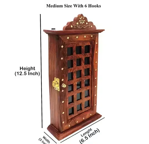 Handcrafted Wooden Key Holder Cabinet Wall Mounted Key Stand Box with Door 6 Hooks Decorative Key Storage Organizer for Home Office Entrance Temple Decor image 1