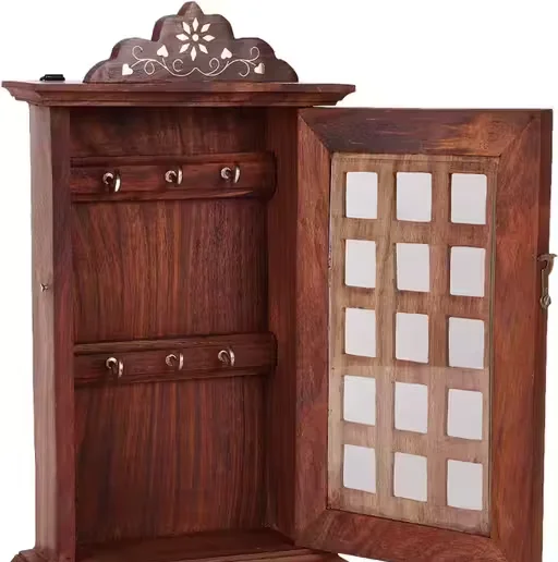Handcrafted Wooden Key Holder Cabinet Wall Mounted Key Storage Box with Door 6 Hooks Decorative Key Stand for Home Entrance Office Rustic Wooden Key Organizer image 3