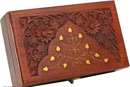 Premium Hand Carved Wooden Jewellery Storage Box with Brass Inlay Floral Design, Vintage Wooden Trinket Organiser Case with Lock, Decorative Jewellery Holder Gift Box for Women image 2