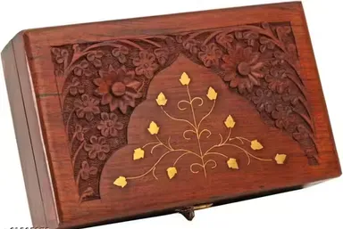 Premium Hand Carved Wooden Jewellery Storage Box with Brass Inlay Floral Design, Vintage Wooden Trinket Organiser Case with Lock, Decorative Jewellery Holder Gift Box for Women thumbnail 1