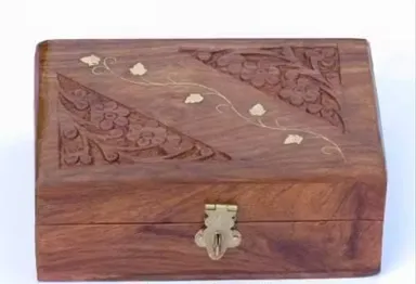 Premium Hand Carved Wooden Jewellery Storage Box with Brass Inlay Floral Design, Vintage Wooden Trinket Organiser Case with Lock, Decorative Jewellery Holder Gift Box for Women thumbnail 3