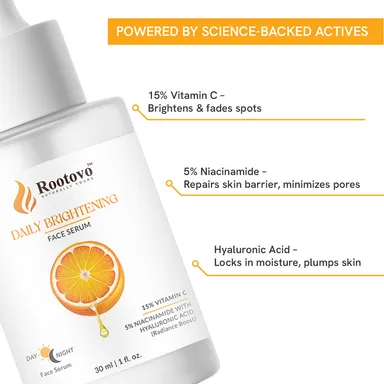 Rootovo Daily Brightening Face Serum 15% Vitamin C 5% Niacinamide with Hyaluronic Acid Skin Brightening Anti Pigmentation Hydrating Face Serum for Glowing Skin 30ml thumbnail 1