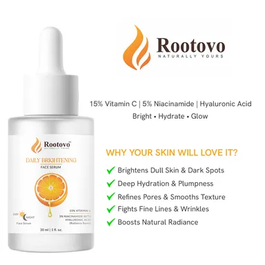 Rootovo Daily Brightening Face Serum 15% Vitamin C 5% Niacinamide with Hyaluronic Acid Skin Brightening Anti Pigmentation Hydrating Face Serum for Glowing Skin 30ml thumbnail 3