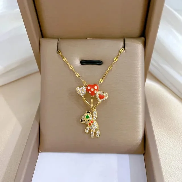 Cute Teddy Bear Heart Balloon Pendant Necklace for Women Girls Gold Plated Crystal Teddy Bear Necklace Romantic Love Gift Jewellery for Birthday Valentine Anniversary image 2