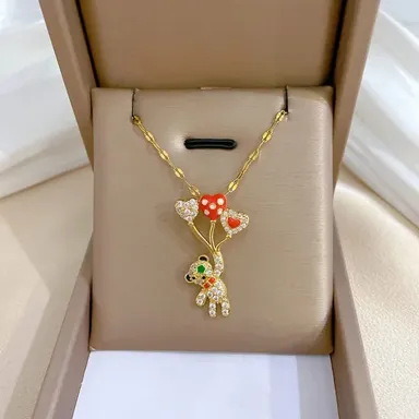 Cute Teddy Bear Heart Balloon Pendant Necklace for Women Girls Gold Plated Crystal Teddy Bear Necklace Romantic Love Gift Jewellery for Birthday Valentine Anniversary thumbnail 1