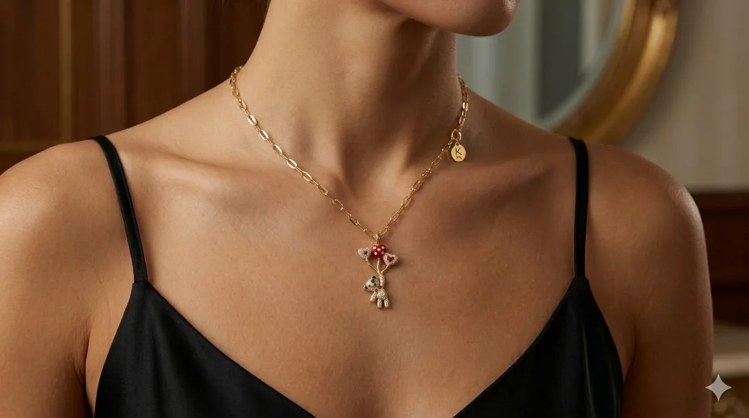 Cute Teddy Bear Heart Balloon Pendant Necklace for Women Girls Gold Plated Crystal Teddy Bear Necklace Romantic Love Gift Jewellery for Birthday Valentine Anniversary image 3