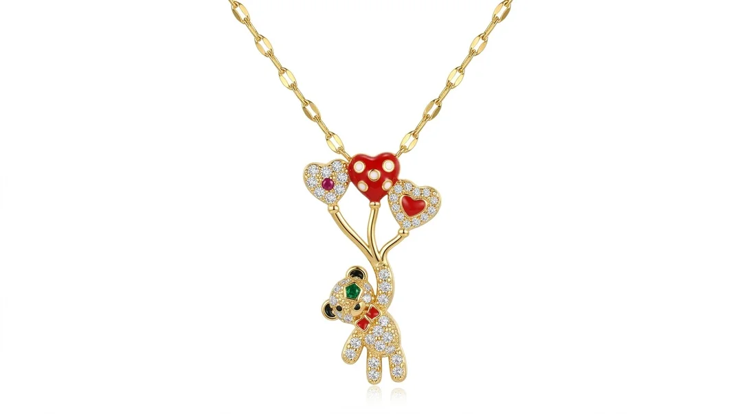 Cute Teddy Bear Heart Balloon Pendant Necklace for Women Girls Gold Plated Crystal Teddy Bear Necklace Romantic Love Gift Jewellery for Birthday Valentine Anniversary image 1