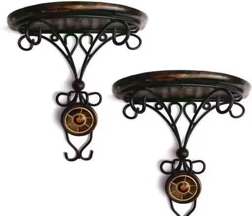Vintage Wrought Iron Wall Shelf with Hooks Decorative Metal Wall Mount Shelf Rustic Floating Wall Rack for Keys Plants Decor Storage Home Living Room Entryway Organizer image 3