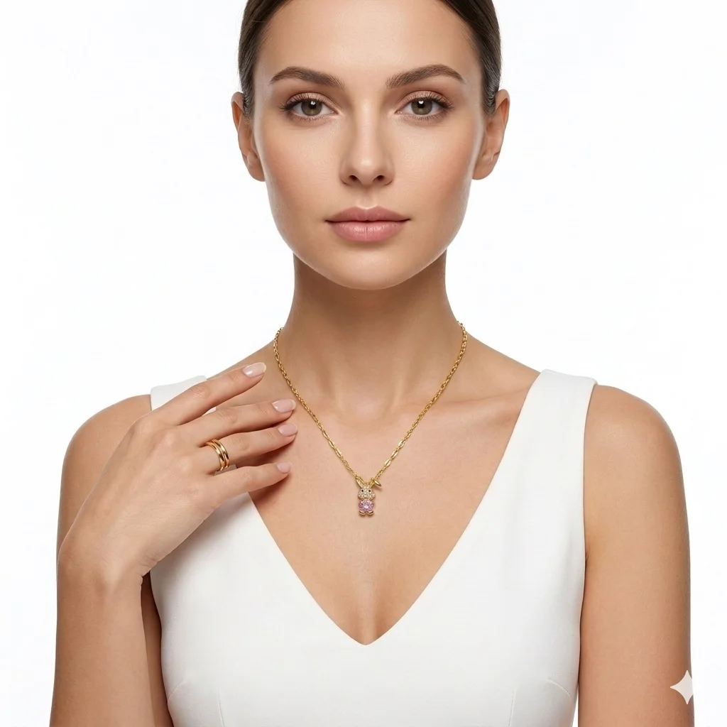 Cute Bunny Pendant Necklace for Women Girls Gold Plated Crystal Rabbit Necklace with Pink Stone Charm Fashion Jewellery Gift for Birthday Valentine Anniversary image 2