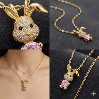 Cute Bunny Pendant Necklace for Women Girls Gold Plated Crystal Rabbit Necklace with Pink Stone Charm Fashion Jewellery Gift for Birthday Valentine Anniversary thumbnail 2