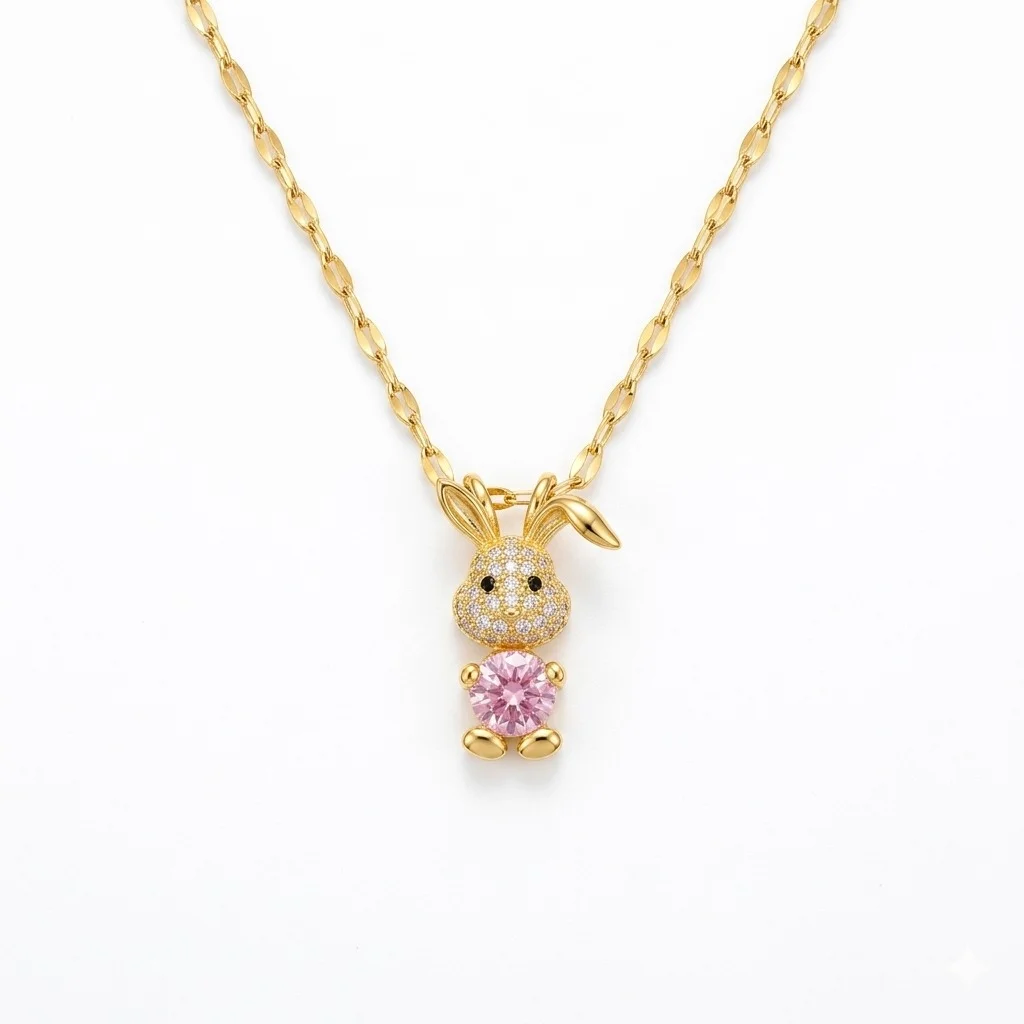 Cute Bunny Pendant Necklace for Women Girls Gold Plated Crystal Rabbit Necklace with Pink Stone Charm Fashion Jewellery Gift for Birthday Valentine Anniversary image 1