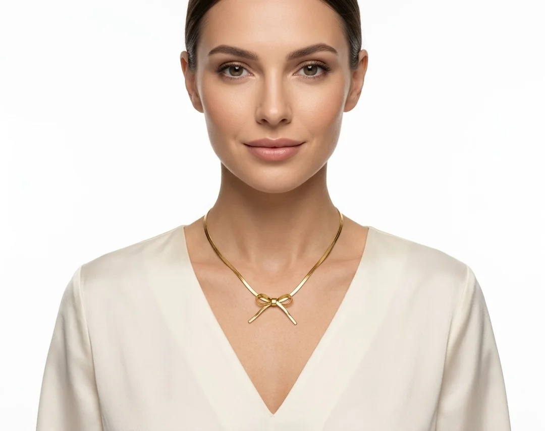 Elegant Bow Knot Pendant Necklace for Women Girls Gold Plated Ribbon Bow Necklace Minimalist Fashion Jewellery Gift for Birthday Anniversary Valentine Daily Wear image 2