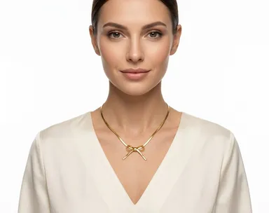 Elegant Bow Knot Pendant Necklace for Women Girls Gold Plated Ribbon Bow Necklace Minimalist Fashion Jewellery Gift for Birthday Anniversary Valentine Daily Wear thumbnail 1