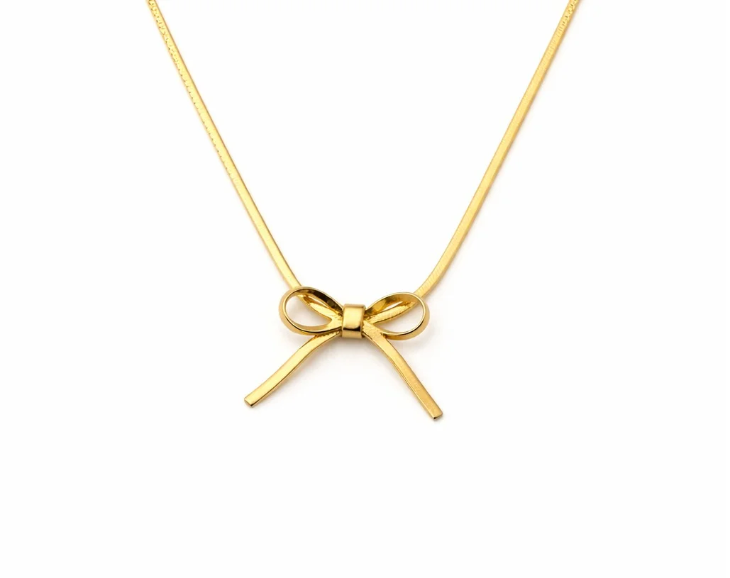 Elegant Bow Knot Pendant Necklace for Women Girls Gold Plated Ribbon Bow Necklace Minimalist Fashion Jewellery Gift for Birthday Anniversary Valentine Daily Wear image 1