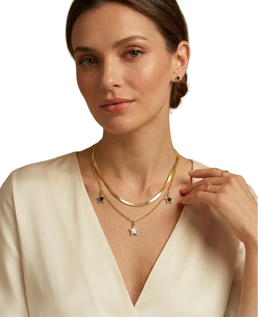 Layered Star Charm Necklace for Women Girls Gold Plated Double Layer Chain Necklace with Black White Star Pendants Minimalist Fashion Jewellery Gift for Daily Wear image 2