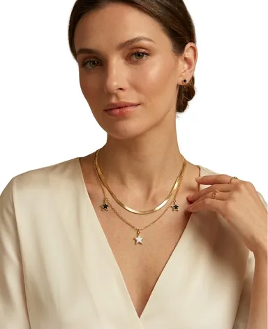 Layered Star Charm Necklace for Women Girls Gold Plated Double Layer Chain Necklace with Black White Star Pendants Minimalist Fashion Jewellery Gift for Daily Wear thumbnail 1