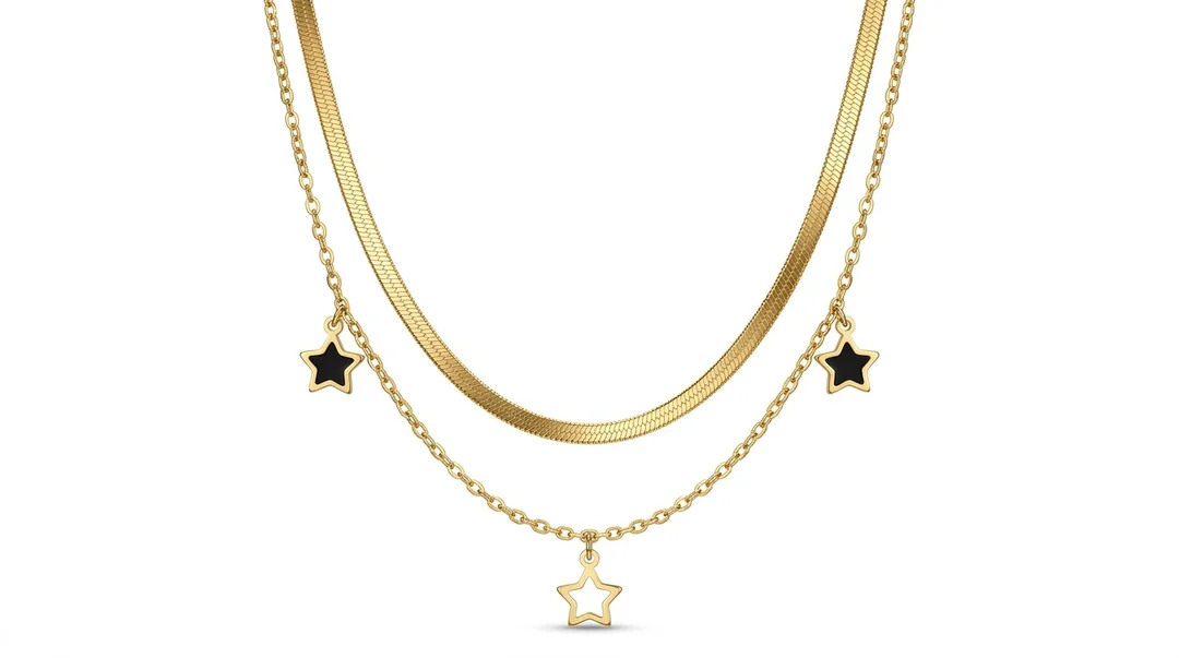 Layered Star Charm Necklace for Women Girls Gold Plated Double Layer Chain Necklace with Black White Star Pendants Minimalist Fashion Jewellery Gift for Daily Wear image 1