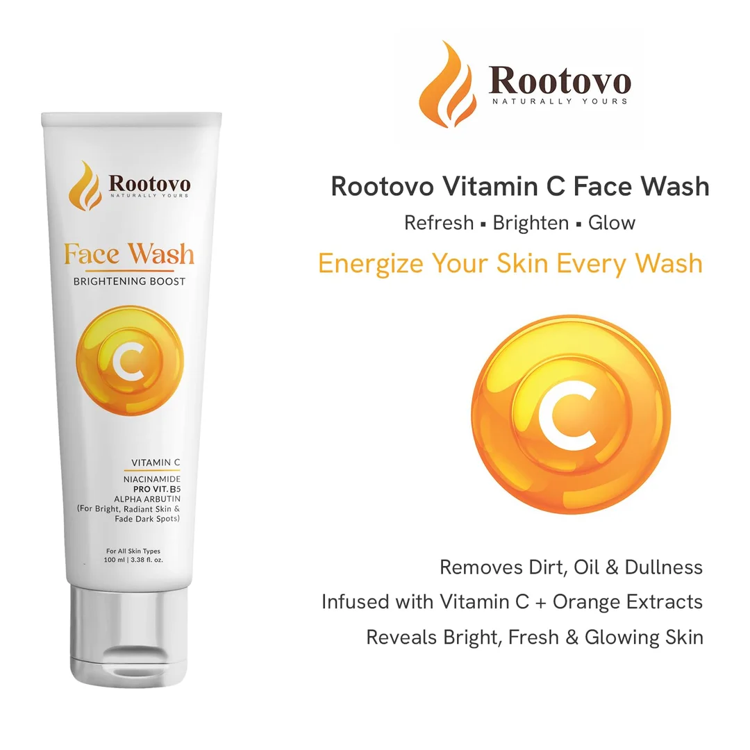 Rootovo Vitamin C Brightening Boost Face Wash 100ml with Niacinamide Alpha Arbutin Pro Vitamin B5 for Dark Spots Removal Skin Brightening Radiant Glow Face Cleanser for All Skin Types image 2