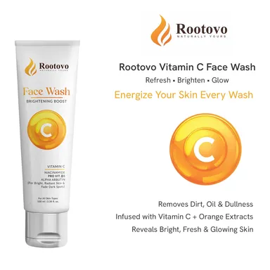 Rootovo Vitamin C Brightening Boost Face Wash 100ml with Niacinamide Alpha Arbutin Pro Vitamin B5 for Dark Spots Removal Skin Brightening Radiant Glow Face Cleanser for All Skin Types thumbnail 1