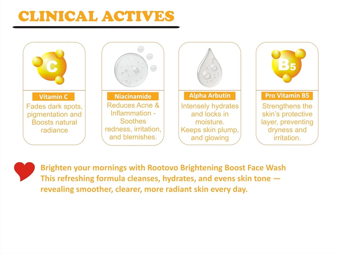 Rootovo Vitamin C Brightening Boost Face Wash 100ml with Niacinamide Alpha Arbutin Pro Vitamin B5 for Dark Spots Removal Skin Brightening Radiant Glow Face Cleanser for All Skin Types image 4