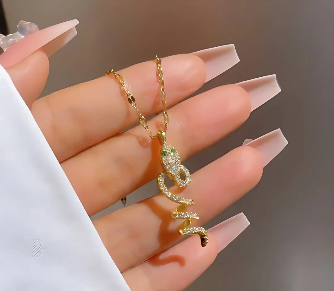 Crystal Snake Pendant Necklace for Women Girls Gold Plated Serpent Charm Necklace with Green Stone Eyes Minimalist Fashion Jewellery Gift for Birthday Anniversary Daily Wear image 2