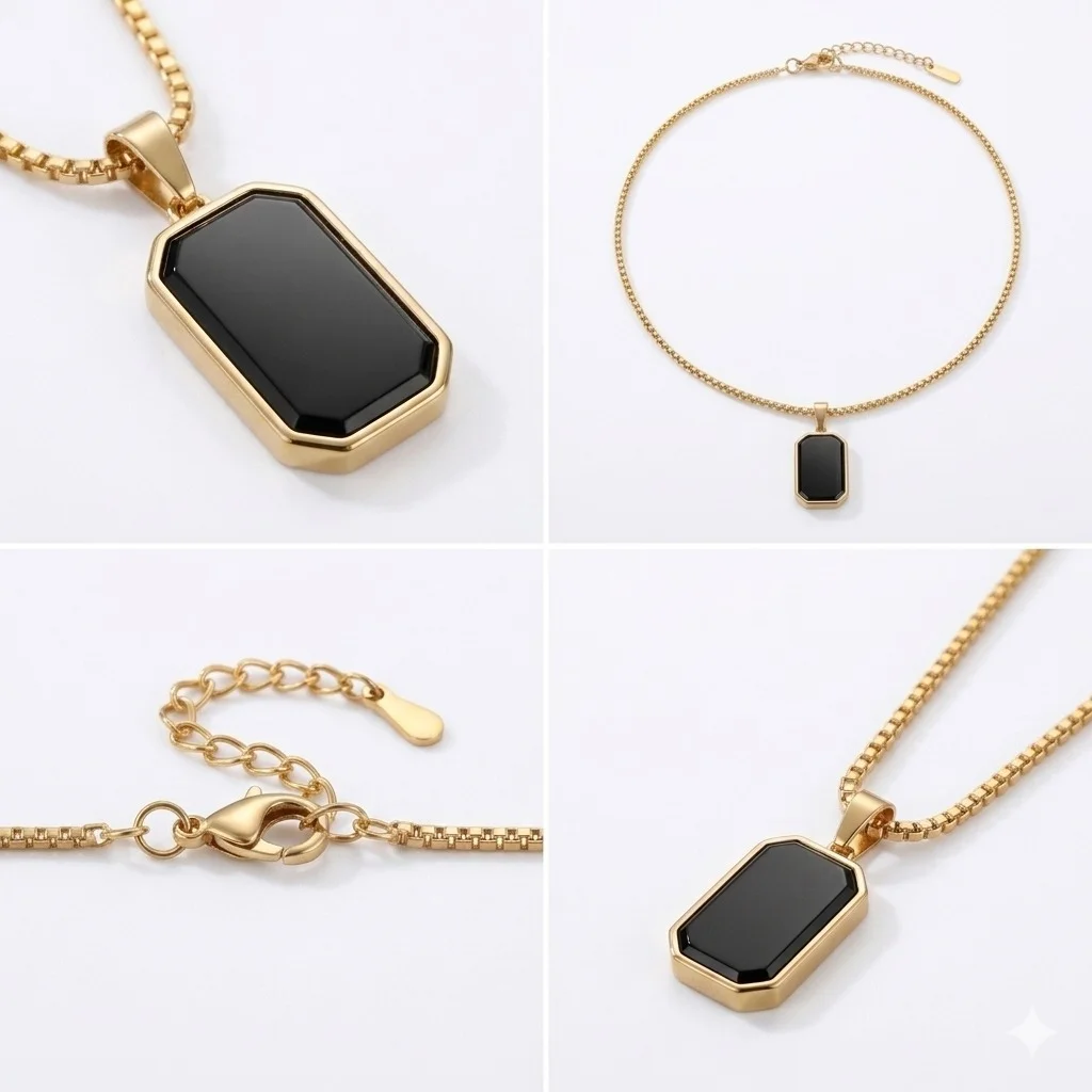 Minimalist Black Stone Pendant Necklace for Women Girls Gold Plated Geometric Rectangle Pendant Necklace Elegant Fashion Jewellery Gift for Daily Wear Birthday Anniversary image 2