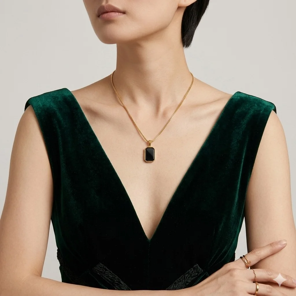 Minimalist Black Stone Pendant Necklace for Women Girls Gold Plated Geometric Rectangle Pendant Necklace Elegant Fashion Jewellery Gift for Daily Wear Birthday Anniversary image 3