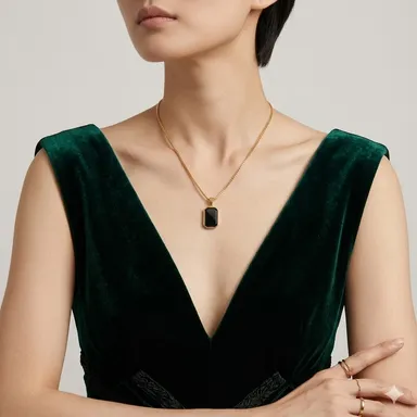 Minimalist Black Stone Pendant Necklace for Women Girls Gold Plated Geometric Rectangle Pendant Necklace Elegant Fashion Jewellery Gift for Daily Wear Birthday Anniversary thumbnail 2