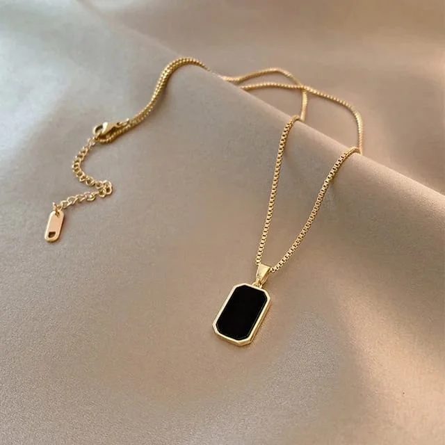 Minimalist Black Stone Pendant Necklace for Women Girls Gold Plated Geometric Rectangle Pendant Necklace Elegant Fashion Jewellery Gift for Daily Wear Birthday Anniversary image 1