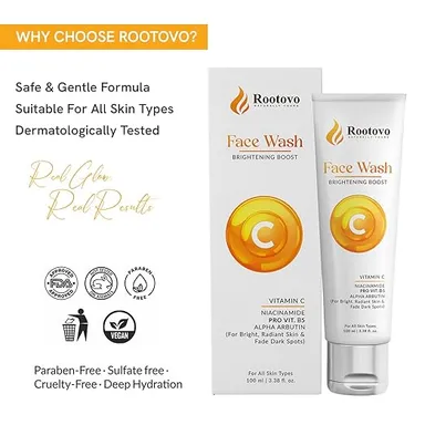 Rootovo Vitamin C Brightening Face Wash with Niacinamide, Alpha Arbutin & Pro Vitamin B5 for Dark Spot Removal, Skin Brightening, Deep Cleansing Face Cleanser for All Skin Types 100ml thumbnail 3