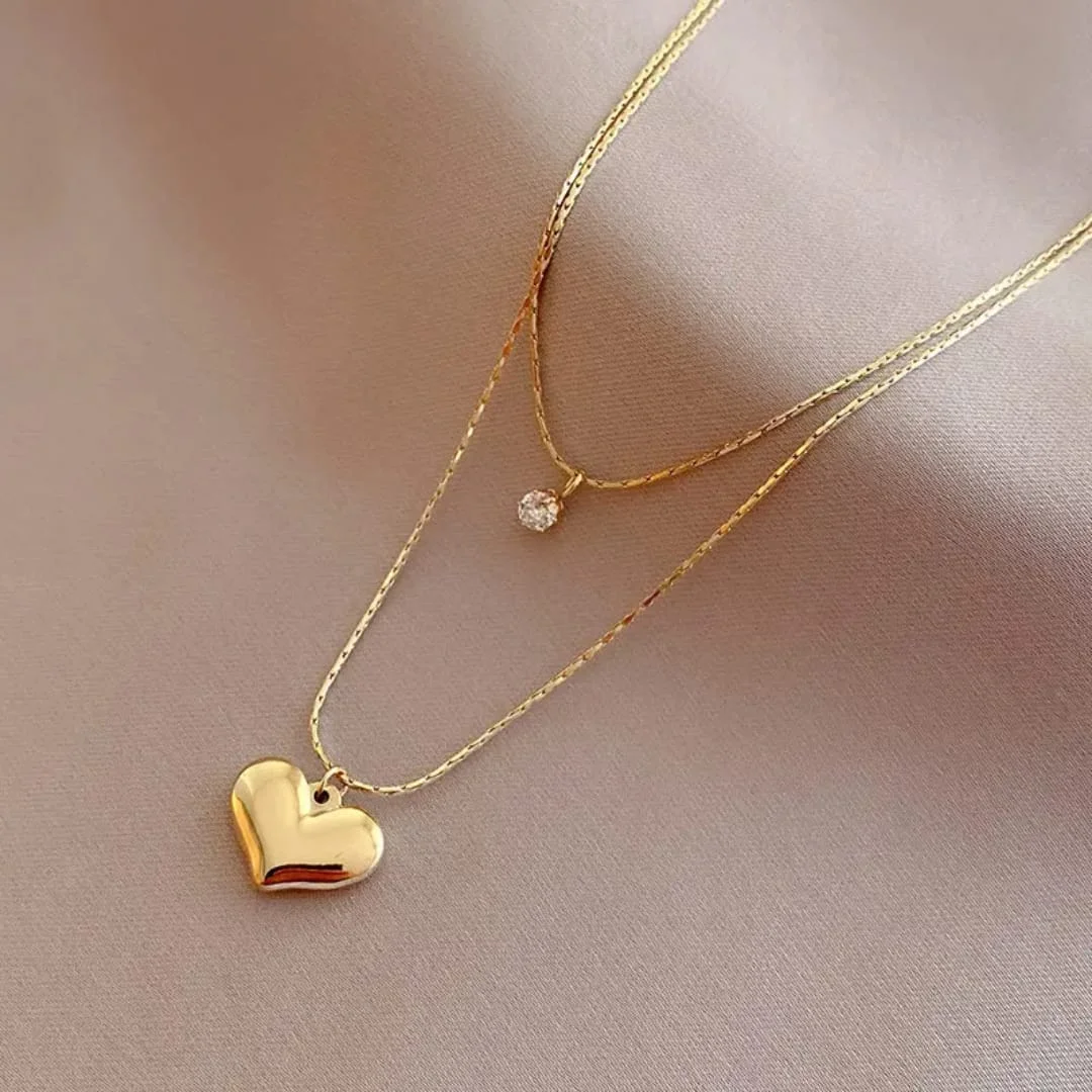 Gold Plated Double Layer Heart Pendant Necklace for Women with Crystal Charm Chain Minimalist Romantic Jewellery Gift for Girlfriend Wife Anniversary Birthday Fashion Necklace image 2