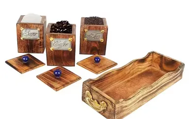 Premium Wooden Sugar Coffee Tea Storage Jar Set with Tray & Spoon – Rustic Kitchen Countertop Canister Set, Airtight Spice Container Organiser for Home Kitchen Pantry Decor India thumbnail 1
