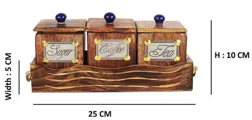 Premium Wooden Sugar Coffee Tea Storage Jar Set with Tray & Spoon – Rustic Kitchen Countertop Canister Set, Airtight Spice Container Organiser for Home Kitchen Pantry Decor India image 3