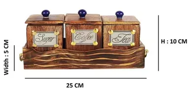 Premium Wooden Sugar Coffee Tea Storage Jar Set with Tray & Spoon – Rustic Kitchen Countertop Canister Set, Airtight Spice Container Organiser for Home Kitchen Pantry Decor India thumbnail 2