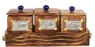 Premium Wooden Sugar Coffee Tea Storage Jar Set with Tray & Spoon – Rustic Kitchen Countertop Canister Set, Airtight Spice Container Organiser for Home Kitchen Pantry Decor India thumbnail 3
