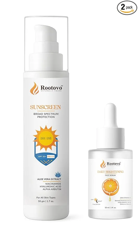 Rootovo SPF 50+ PA+++ Broad Spectrum Sunscreen with Aloe Vera Niacinamide Hyaluronic Acid Alpha Arbutin for Face UV Protection + Rootovo Vitamin C Niacinamide Hyaluronic Acid Daily Brightening Face Serum 30ml Skin Glow Anti Pigmentation Combo image 1