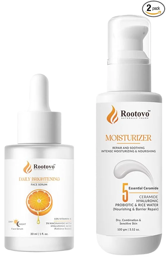 Rootovo Vitamin C Face Serum 30ml with Niacinamide Hyaluronic Acid Daily Brightening Serum + Ceramide Hyaluronic Acid Moisturizer 100g Barrier Repair Cream for Dry Sensitive Skin image 1