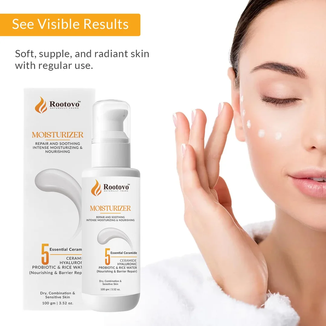 Rootovo Ceramide Moisturizer 100ml with Hyaluronic Acid Probiotic Rice Water + SPF 50 PA+++ Broad Spectrum Sunscreen 50ml Niacinamide Aloe Vera Alpha Arbutin Skin Repair Hydration Skincare Combo for Dry Sensitive Skin image 3