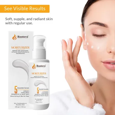 Rootovo Ceramide Moisturizer 100ml with Hyaluronic Acid Probiotic Rice Water + SPF 50 PA+++ Broad Spectrum Sunscreen 50ml Niacinamide Aloe Vera Alpha Arbutin Skin Repair Hydration Skincare Combo for Dry Sensitive Skin thumbnail 2
